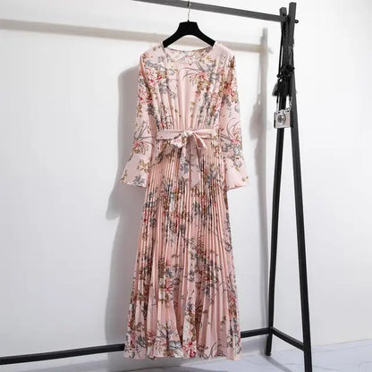 Lente Jurk met Bloemenprint Lange Chiffon Rok en Ceintuur