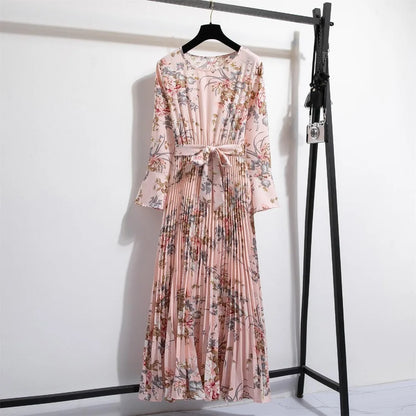 Lente Jurk met Bloemenprint Lange Chiffon Rok en Ceintuur