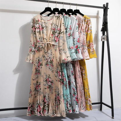 Lente Jurk met Bloemenprint Lange Chiffon Rok en Ceintuur