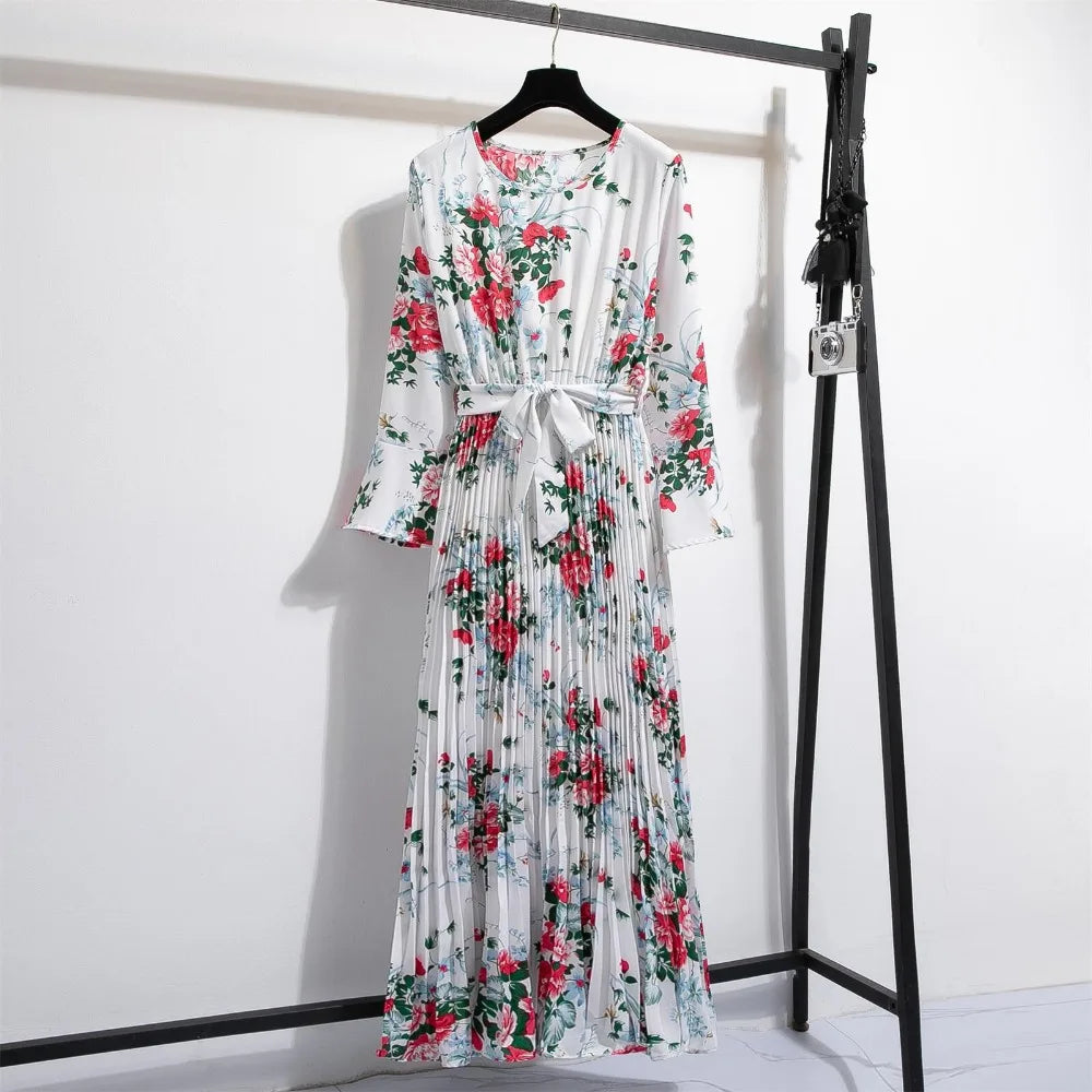 Lente Jurk met Bloemenprint Lange Chiffon Rok en Ceintuur