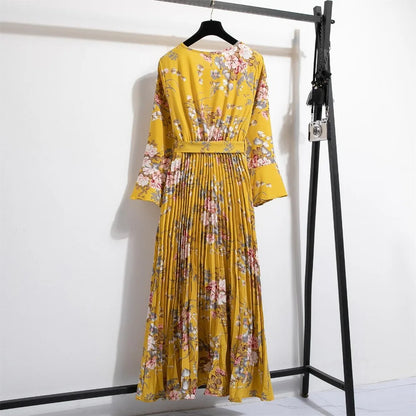 Lente Jurk met Bloemenprint Lange Chiffon Rok en Ceintuur