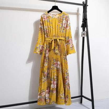 Lente Jurk met Bloemenprint Lange Chiffon Rok en Ceintuur