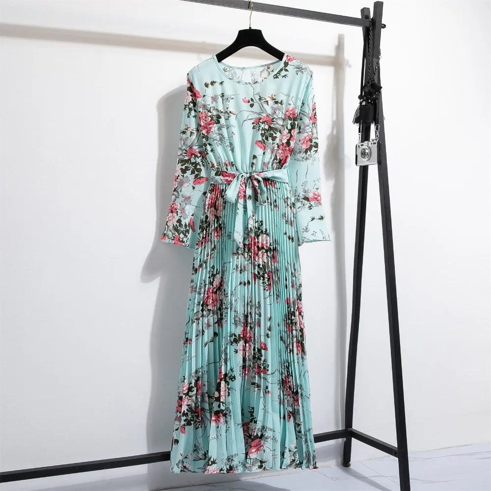 Lente Jurk met Bloemenprint Lange Chiffon Rok en Ceintuur