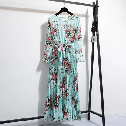 Lente Jurk met Bloemenprint Lange Chiffon Rok en Ceintuur