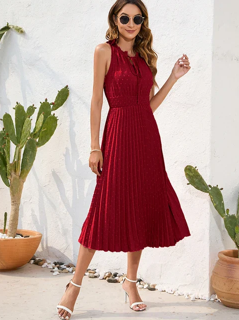 Dames Halterjurk met Plooien Midi Jurk- Bea