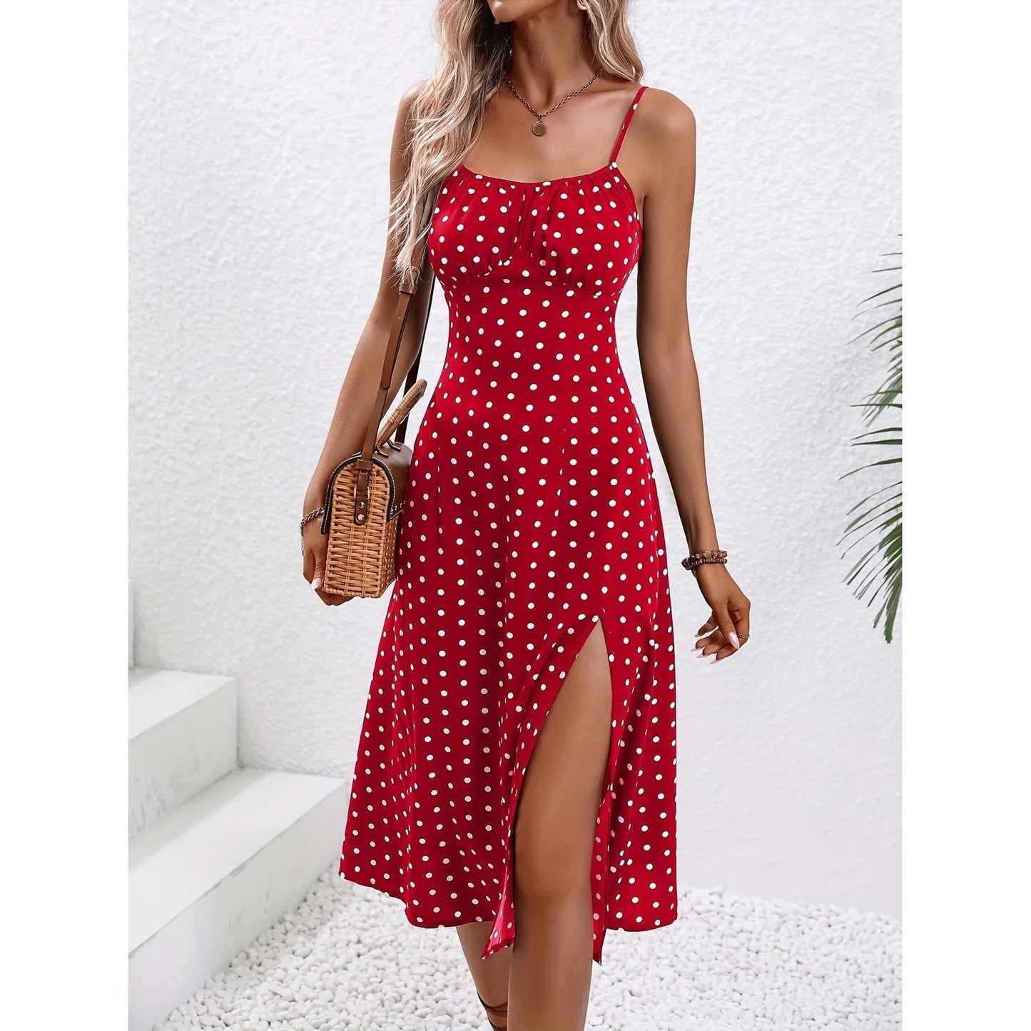 Dames Lange Jurk Polka Dot met Sexy Split - Yinthe