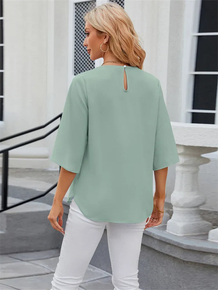 Dames Blouse Groen Met Korte Mouwen O-Hals