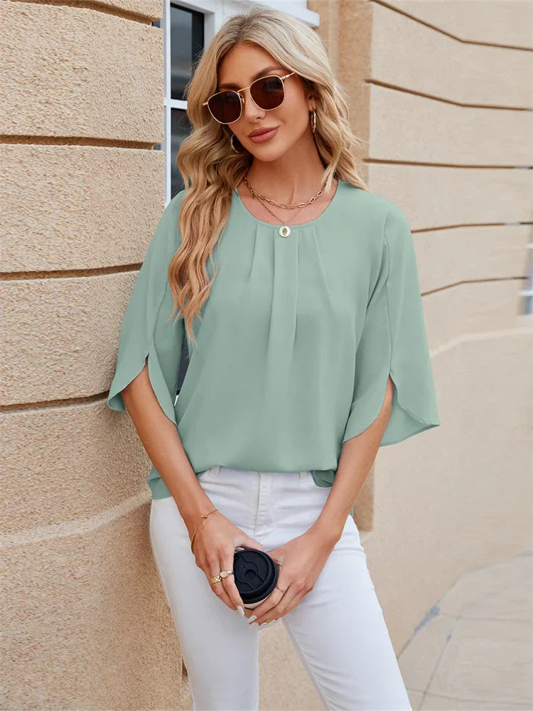 Dames Blouse Groen Met Korte Mouwen O-Hals