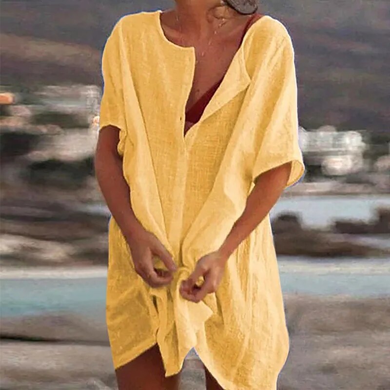 Dames Linen Casual Mini Zomerjurk - Ruby