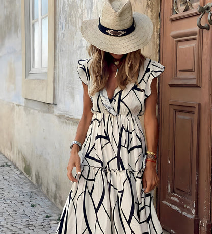 Dames Maxi zomerjurk met V hals en elegant ontwerp met ruches - Mila