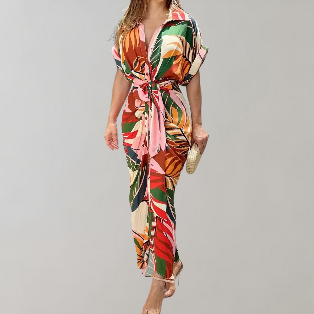 Dames Midi zomerjurk met Korte Mouwen en Knoopsluiting - Norielle