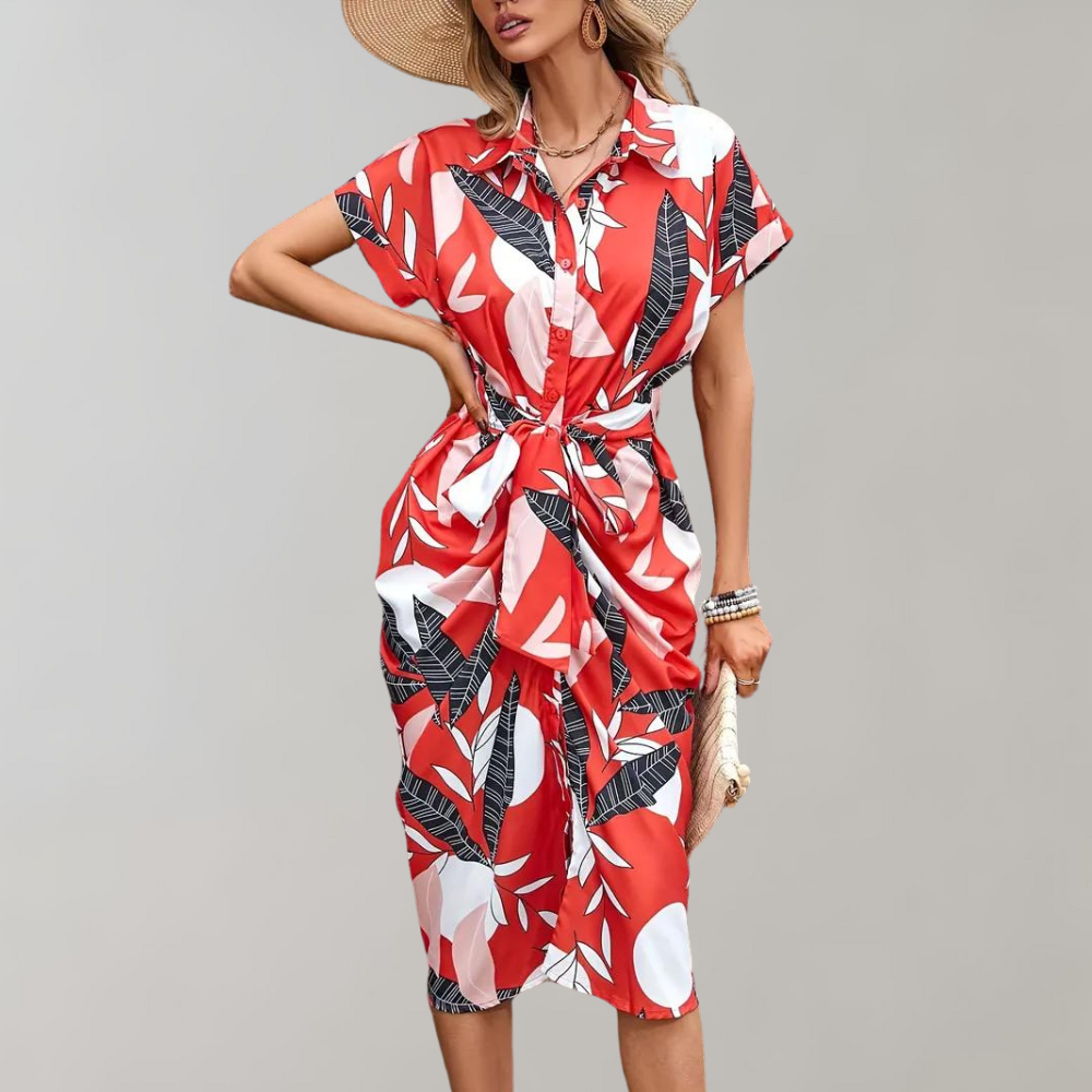 Dames Zomerjurk Korte Mouw Knoopsluiting Midi Jurk - StudioMarella