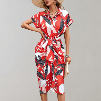 Dames Zomerjurk Korte Mouw Knoopsluiting Midi Jurk - StudioMarella