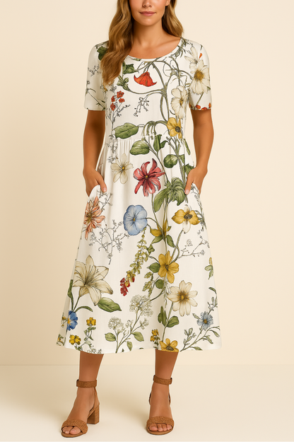Dames Zomerjurk Bloemenprint Midi Jurk Liva → Bloemenjurk Dames Zomer Midi Jurk Korte Mouwen - StudioMarella