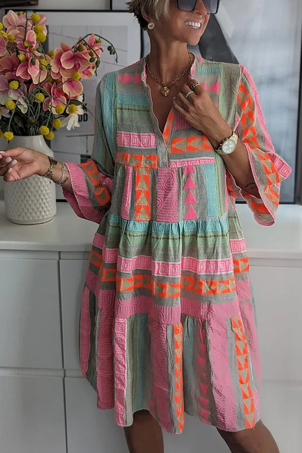 Dames Mini jurk met klokmouwen en etnische print - Rianna