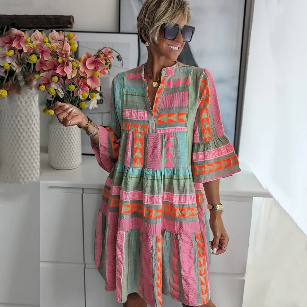 Dames Mini Jurk met Klokmouwen Etnische Print - StudioMarella