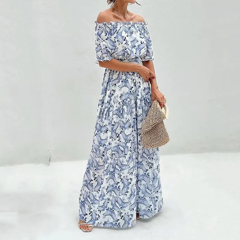 Rosa Maxi Zomerjurk Bloemig Off Shoulder Damesjurk Elegant - StudioMarella