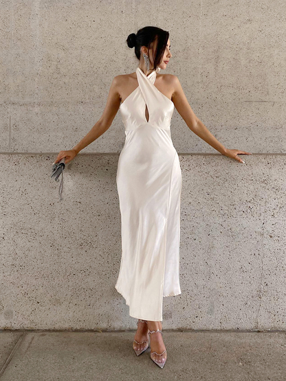 Dames Slim Halter Satijn Ontwerp Midi Gala Jurk - Sophie
