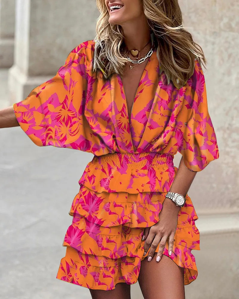 Dames Stijlvol Print Flatterend Uitgesneden met Elastische Taille Mini Zomerjurk - Caroline