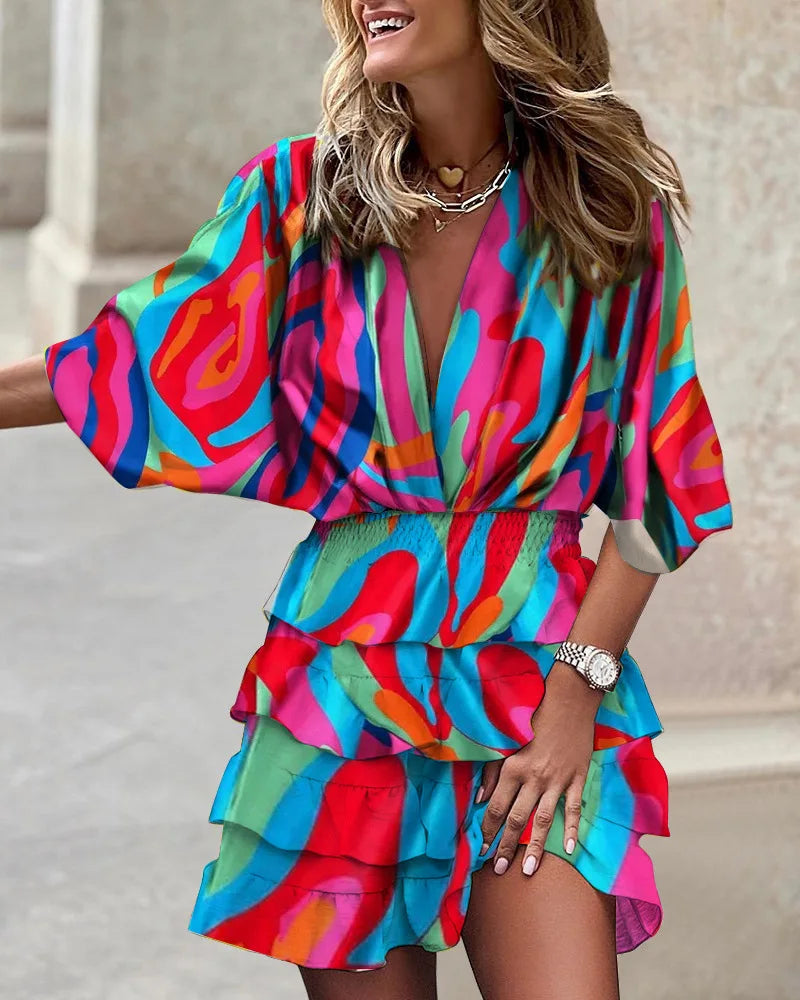 Dames Stijlvol Print Flatterend Uitgesneden met Elastische Taille Mini Zomerjurk - Caroline