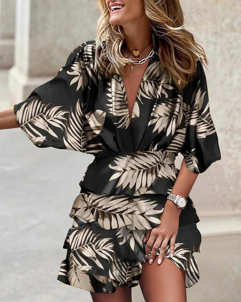 Dames Stijlvol Print Flatterend Uitgesneden met Elastische Taille Mini Zomerjurk - Caroline