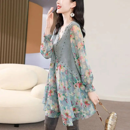 Jurk met Bloemen Chiffon Midi Vintage Stijl