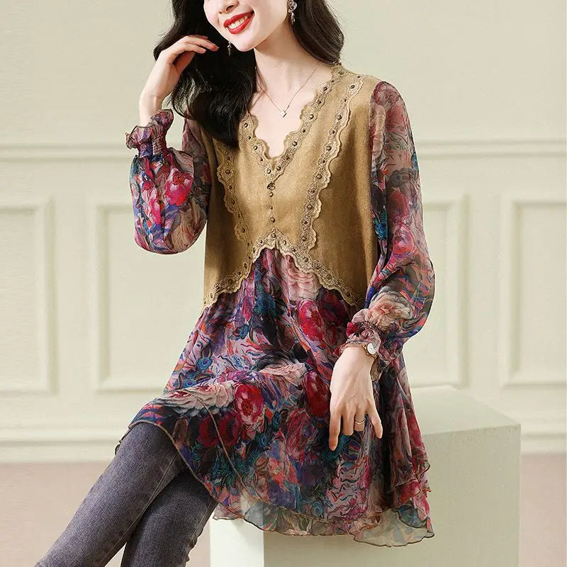 Jurk met Bloemen Chiffon Midi Vintage Stijl
