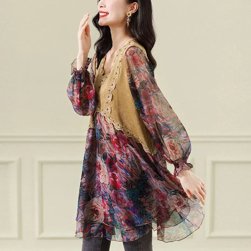 Jurk met Bloemen Chiffon Midi Vintage Stijl
