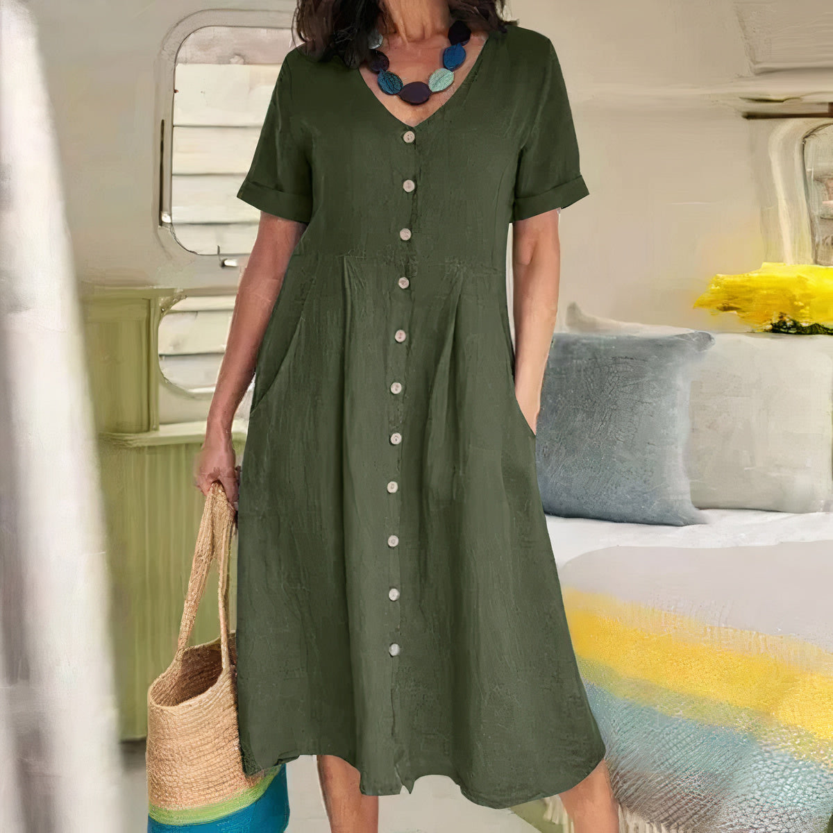 Dames V hals Casual Midi Zomer Jurk - Avy