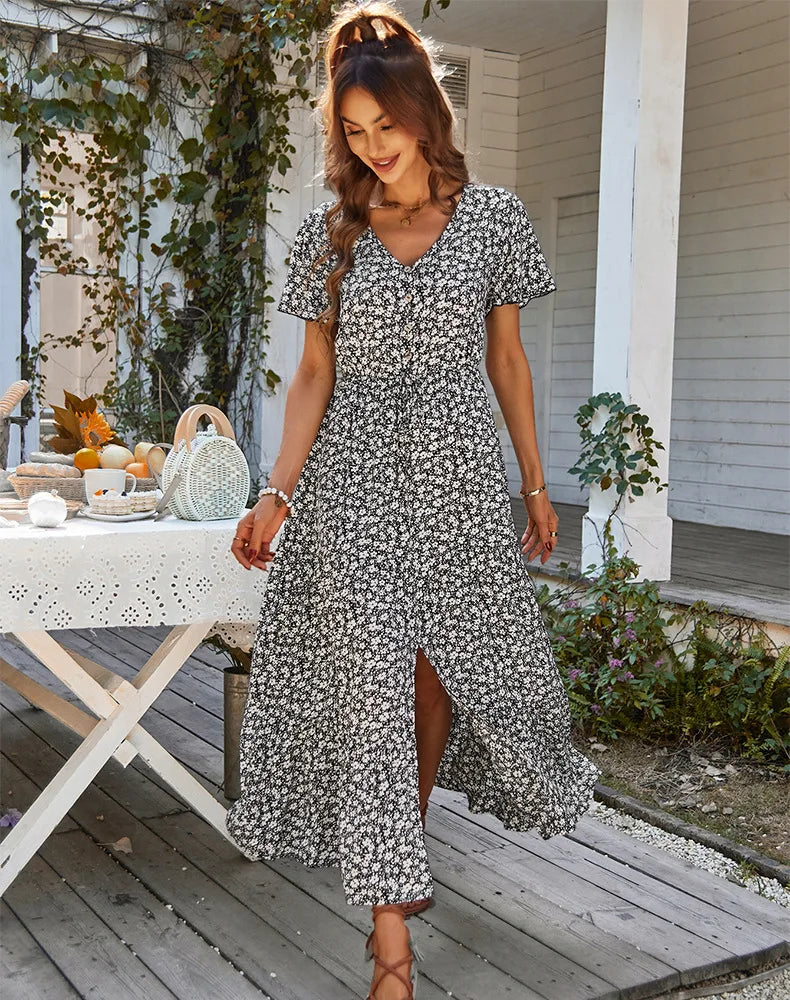 Jurk Zomer Vrouw Stralend Bloemenprint Aura Mode