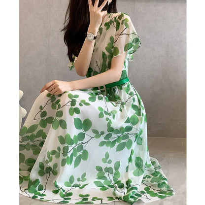 Dames Zomerjurk Bladprint V-hals Jurk Zomerse Look
