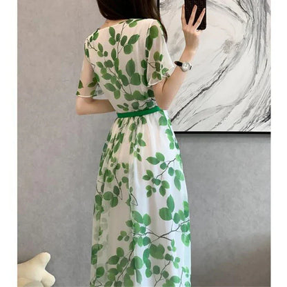 Dames Zomerjurk Bladprint V-hals Jurk Zomerse Look