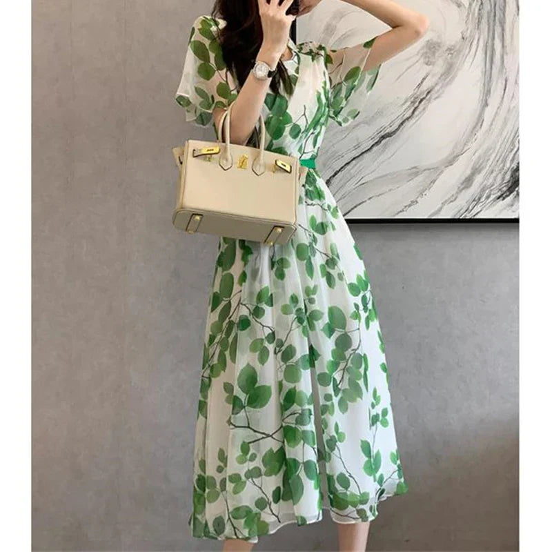 Dames Zomerjurk Bladprint V-hals Jurk Zomerse Look