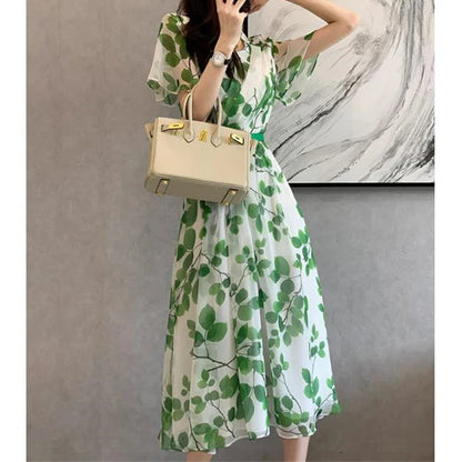 Dames Zomerjurk Bladprint V-hals Jurk Zomerse Look