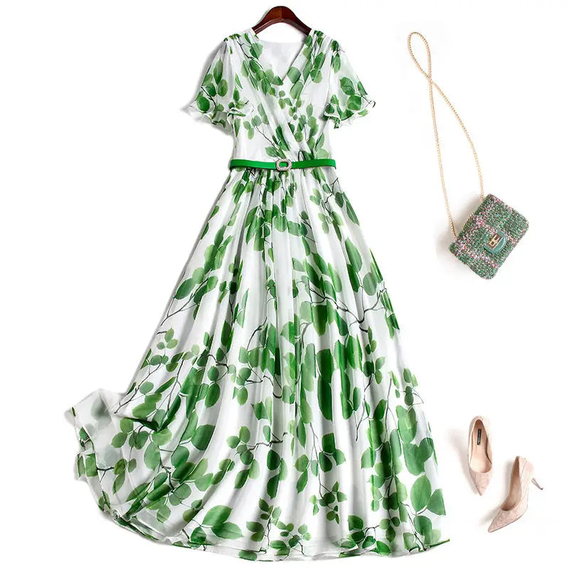 Dames Zomerjurk Bladprint V-hals Jurk Zomerse Look