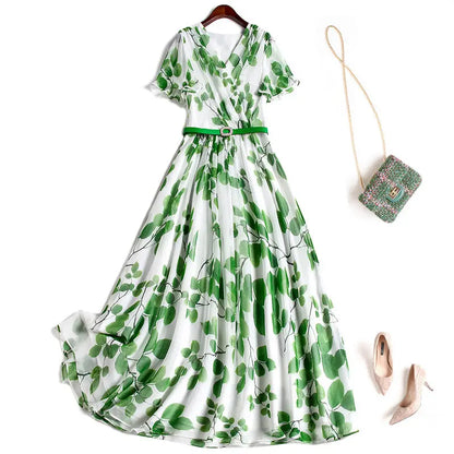 Dames Zomerjurk Bladprint V-hals Jurk Zomerse Look