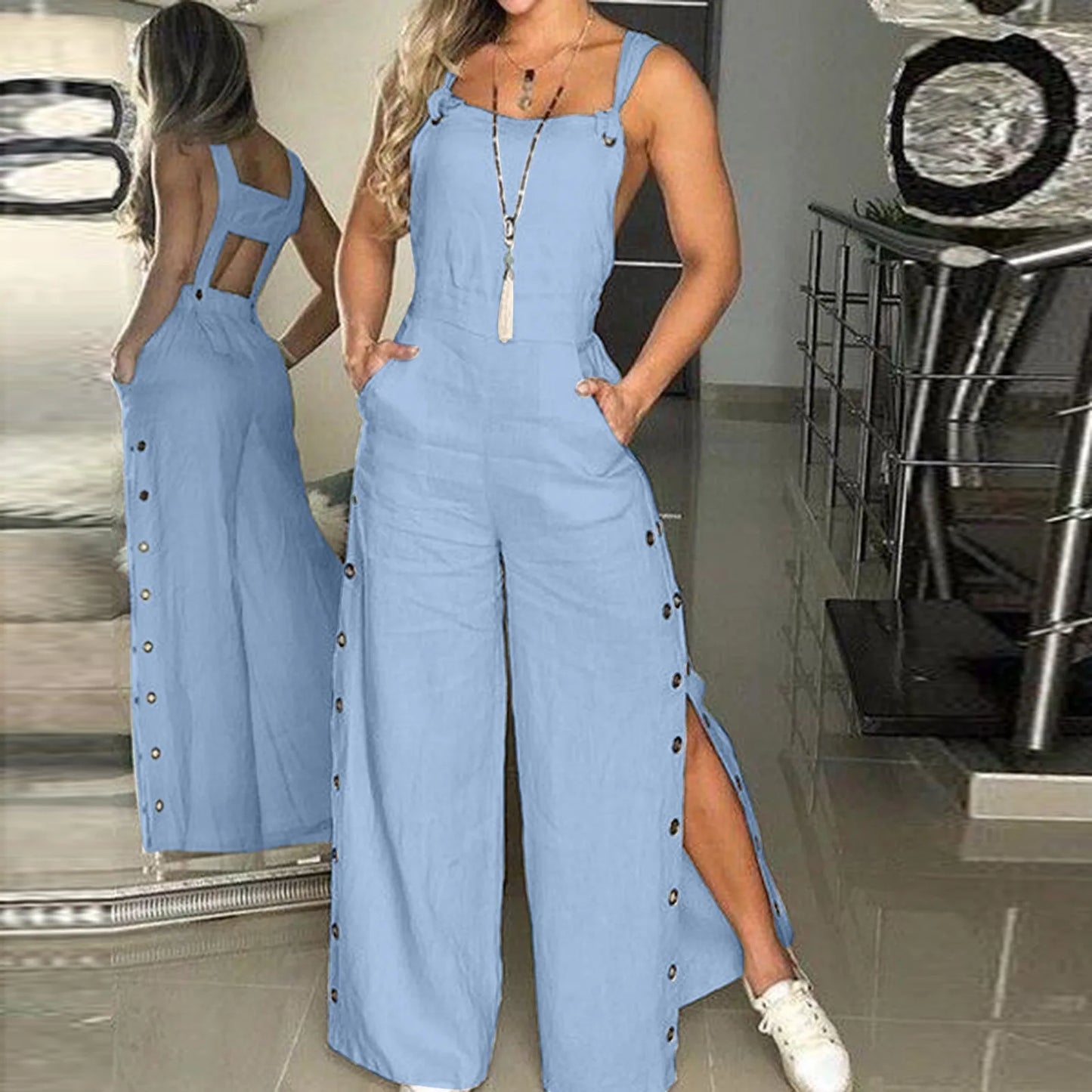 Vrouwen Jumpsuit Zomer Jurk met Knoopsluiting