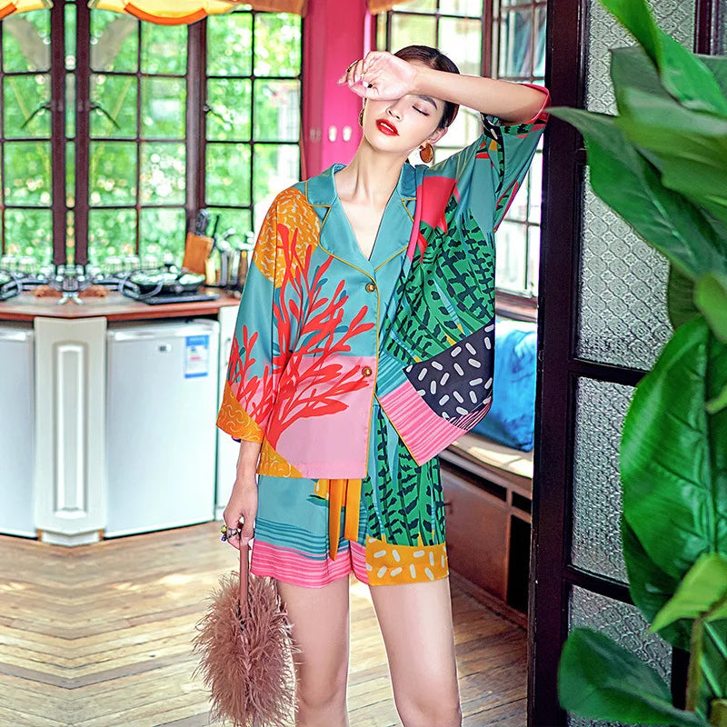 Tropische Pyjama's Zomerse Plantenprint Vrouwelijk