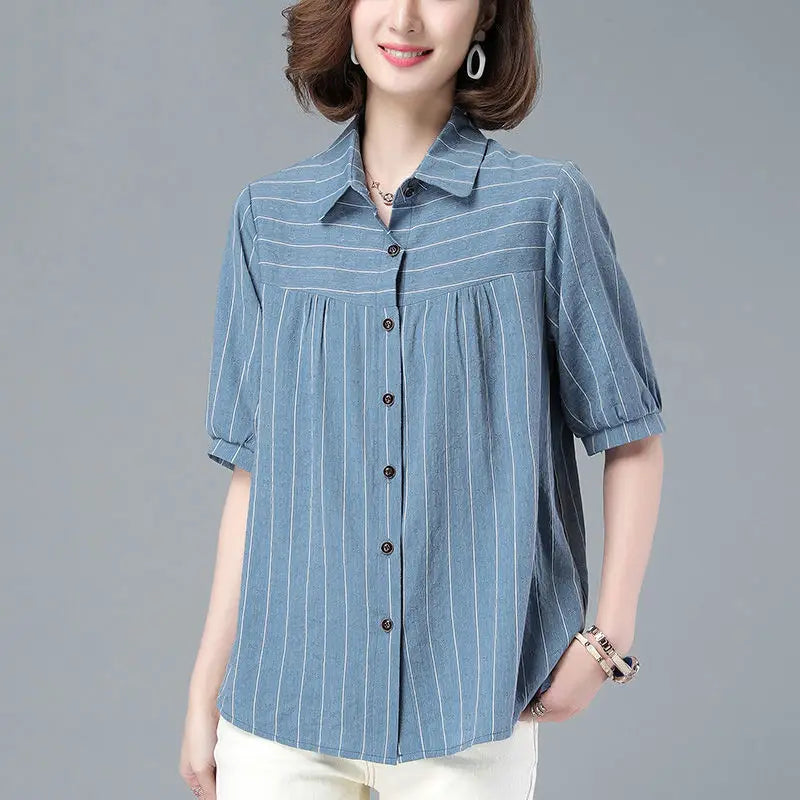 Dames Zomer Shirt Gestreept Korte Mouw - StudioMarella