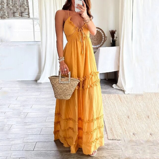 Dames Zomerjurk Maxi Elegante Jurk met Uitgesneden Halslijn