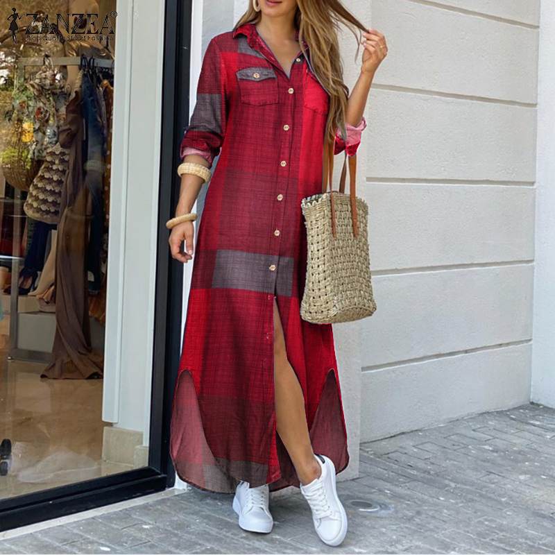 Dames Jurk Geruit Maxi Overhemd Stijl