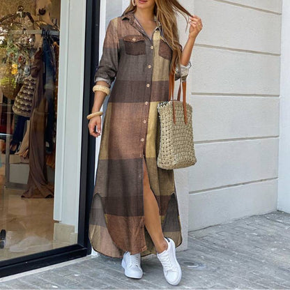 Dames Jurk Geruit Maxi Overhemd Stijl - StudioMarella