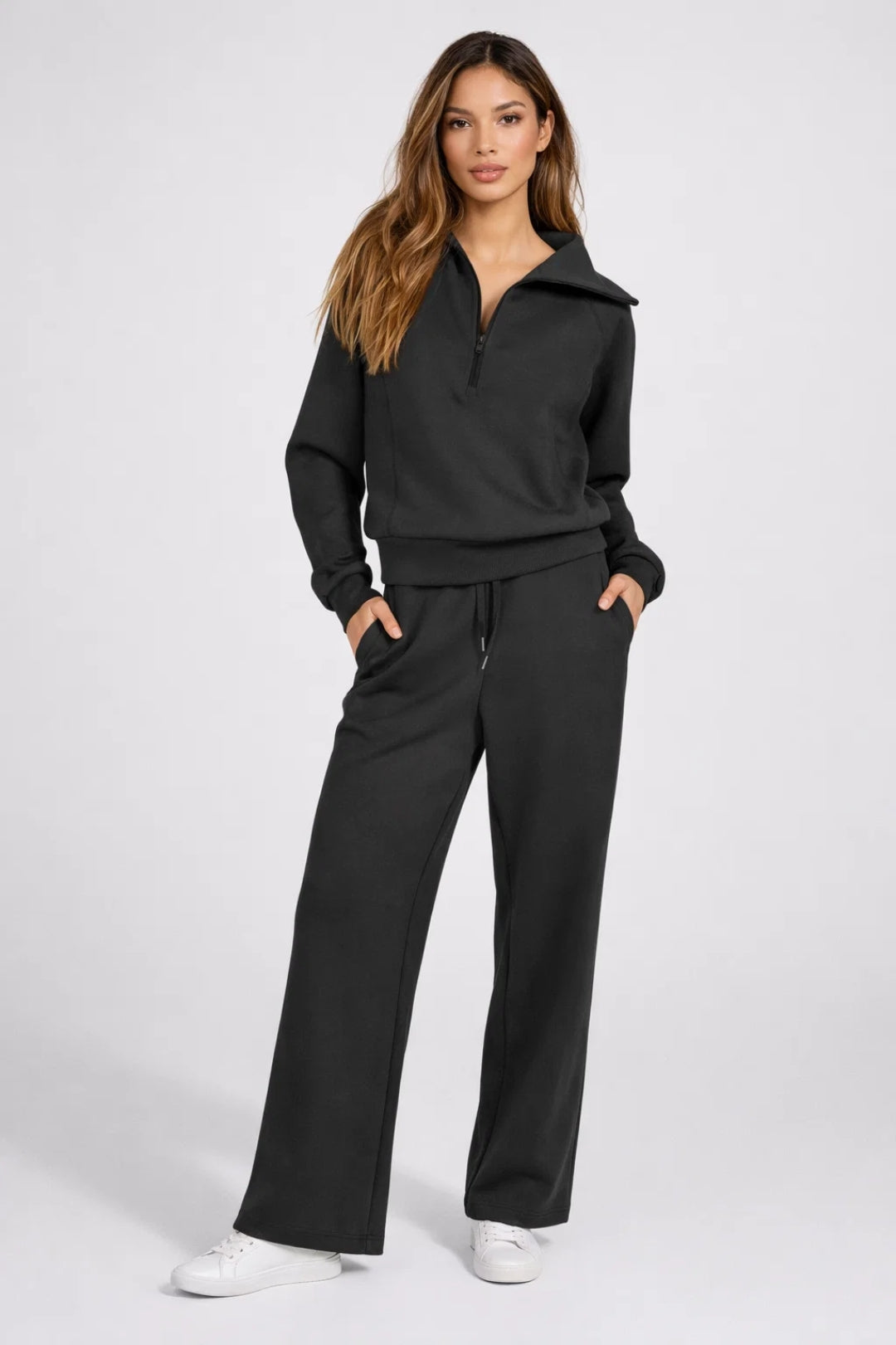 Dames Trainingspak - Comfortabele Half-Zip Sweater en Wijde Broek - StudioMarella
