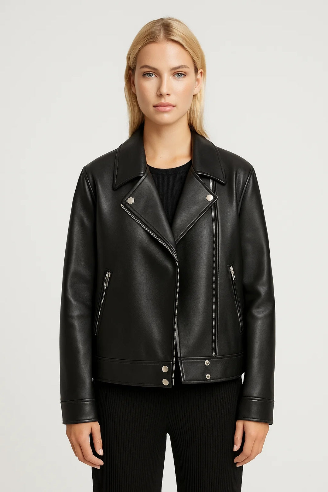 Dames Jas Oversized Biker Leren Jas Asymmetrische Rits Stoer - StudioMarella