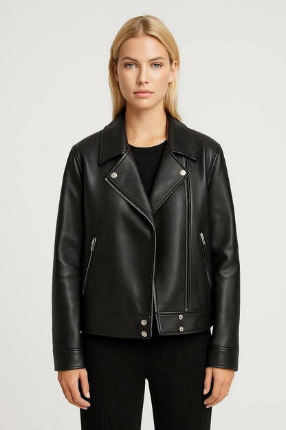 Dames Jas Oversized Biker Leren Jas Asymmetrische Rits Stoer - StudioMarella