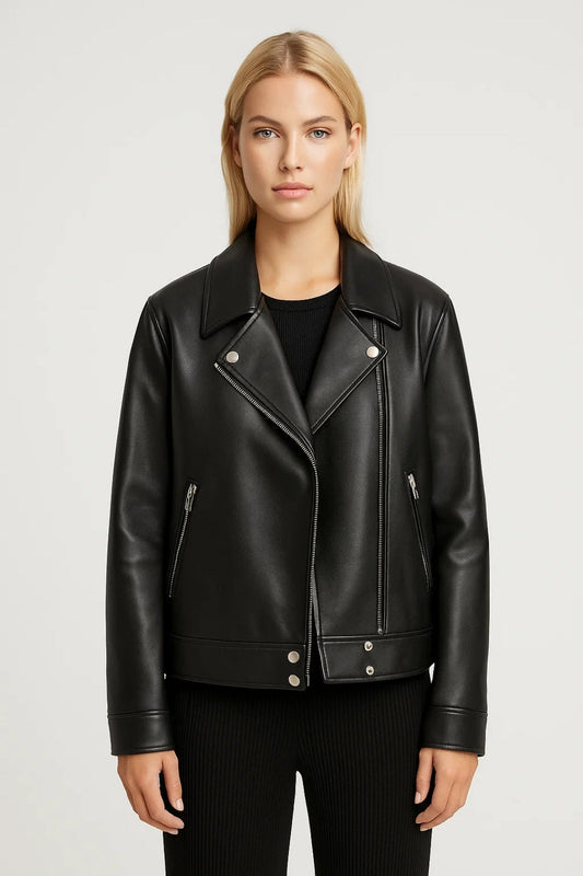 Dames Jas Oversized Biker Leren Jas Asymmetrische Rits Stoer - StudioMarella