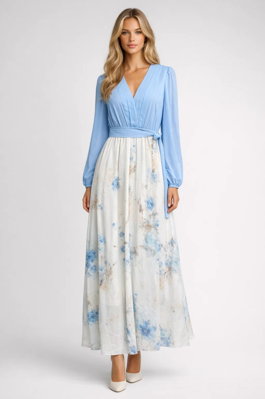 Dames Maxi Jurk Lange Mouwen Bloemenprint V-hals