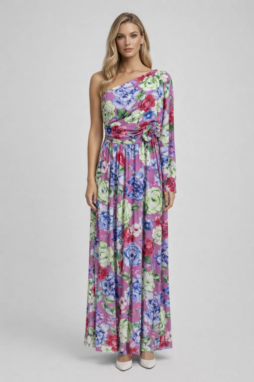 Elegante Maxi Jurk Dames Lange Mouw Bloemenprint One Shoulder - StudioMarella
