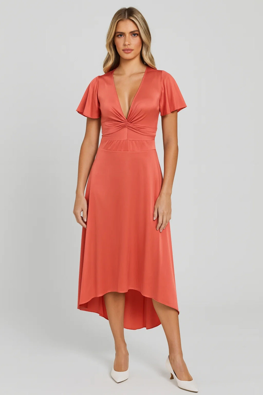 Midi Jurk voor Dames met V-hals en Korte Mouwen Asymmetrisch