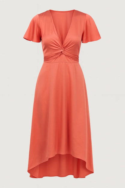 Midi Jurk voor Dames met V-hals en Korte Mouwen Asymmetrisch - StudioMarella